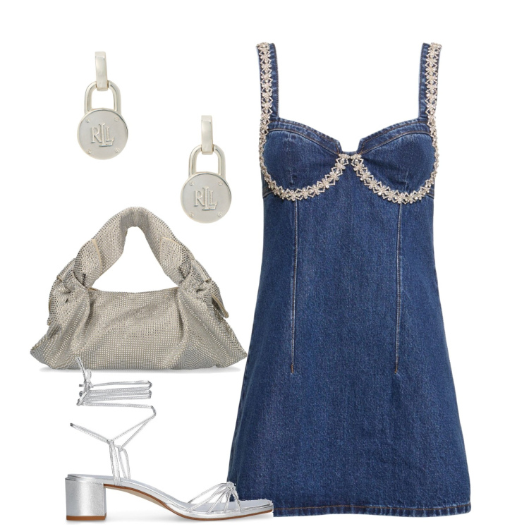 Outfit donna - Denim di sera. Stile Chic per Serata fuori. Abbinamento con orecchini, vestiti, borse a mano, sandali in pelle.