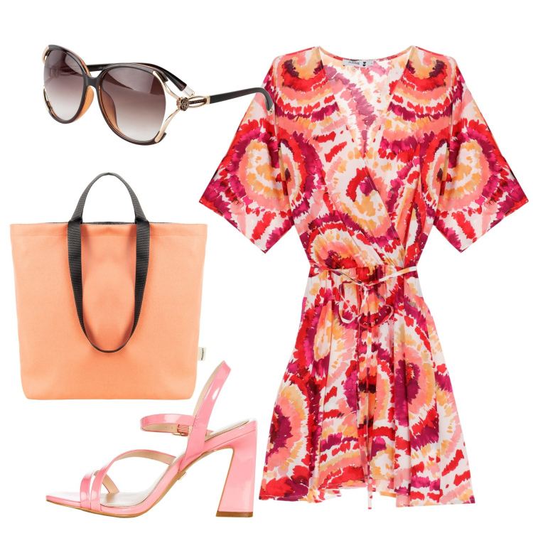 Outfit donna - I colori di agosto. Stile Chic per Tutti i giorni. Abbinamento con occhiali da sole, borse tote, sandali in pelle, vestiti corti.