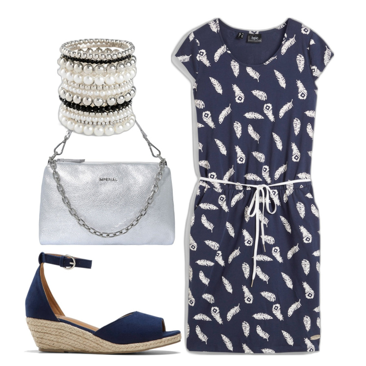 Outfit donna - In blu. Stile Bon Ton per Ufficio. Abbinamento con vestiti, braccialetti, sandali, pochette.