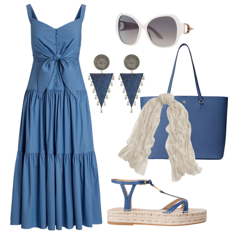 Outfit donna - Indaco visitando la Sicilia !. Stile Casual chic per Tutti i giorni. Abbinamento con occhiali da sole, vestiti, sciarpe, espadrillas, shopping bag, orecchini.