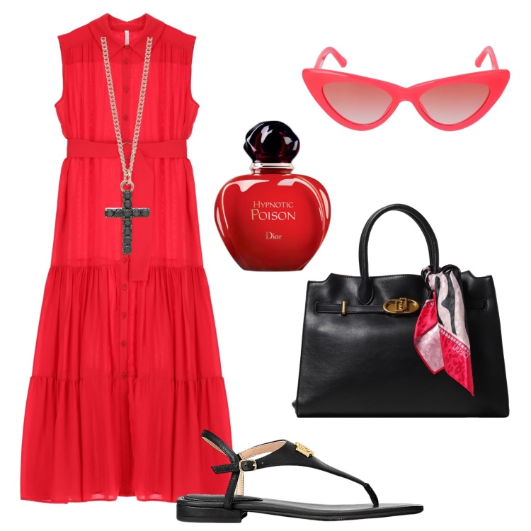 Outfit donna - L’abito rosso per la città. Stile Casual chic per Tutti i giorni. Abbinamento con profumi, collane, vestiti lunghi, sandali in pelle, occhiali da sole, borse tote.