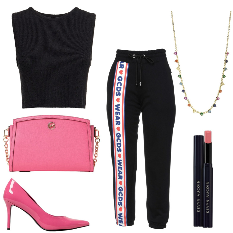 Outfit donna - Sporty chic. Stile Sporty chic per Tutti i giorni. look ideale per Petite. Abbinamento con pantaloni, rossetti, collane, décolleté, top, borse a spalla.