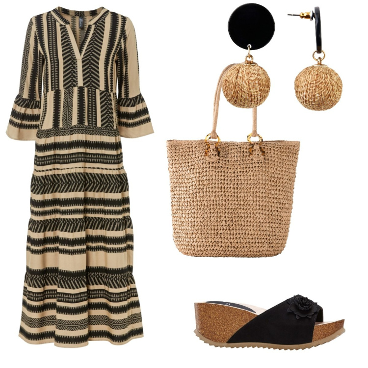 Outfit donna - Comoda paglia. Stile Boho per Tutti i giorni. Abbinamento con sandali, orecchini, vestiti lunghi, shopping bag.