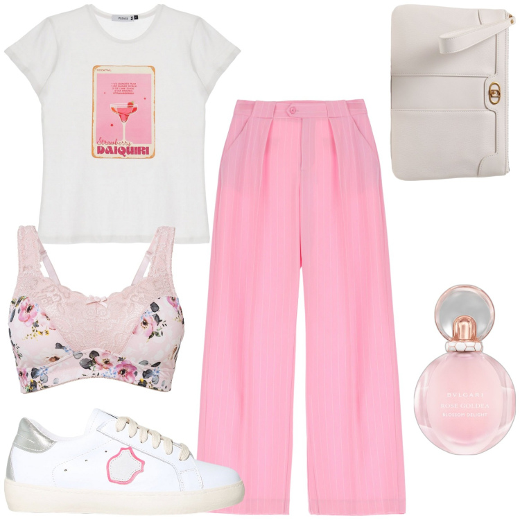Outfit donna - Total look #1926784. Stile Casual per Scuola/Università. Abbinamento con reggiseni, profumi, t-shirt, sneakers, pantaloni, clutch.
