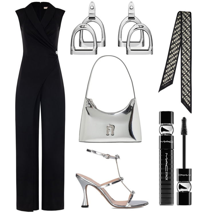 Outfit donna - Total look #1926794. Stile Chic per Cerimonia. Abbinamento con mascara, tute, orecchini, borse a spalla, foulard, sandali in pelle.