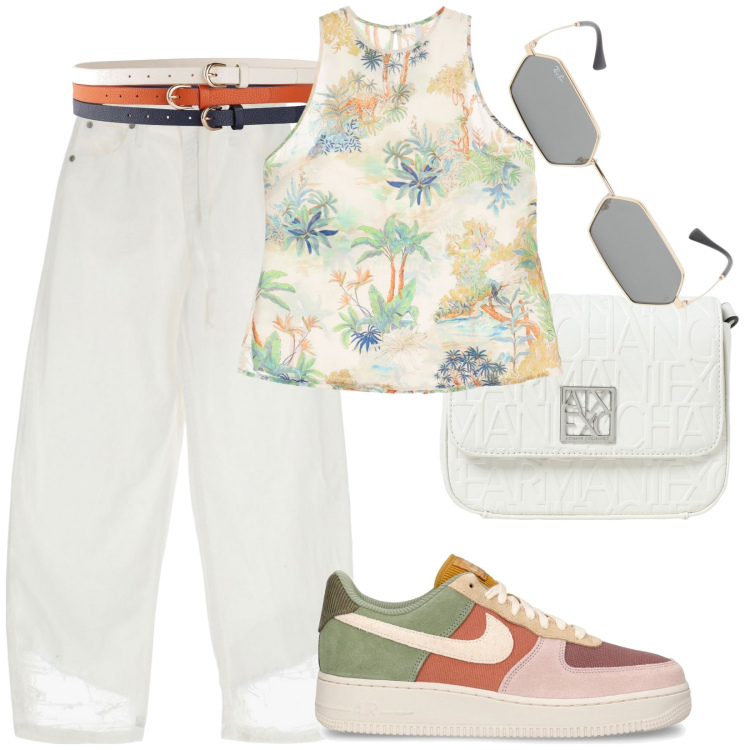 Outfit donna - Trendy style. Stile Trendy per Tutti i giorni. Abbinamento con cinture, pantaloni, canottiere, sneakers, borse a tracolla, occhiali da sole.
