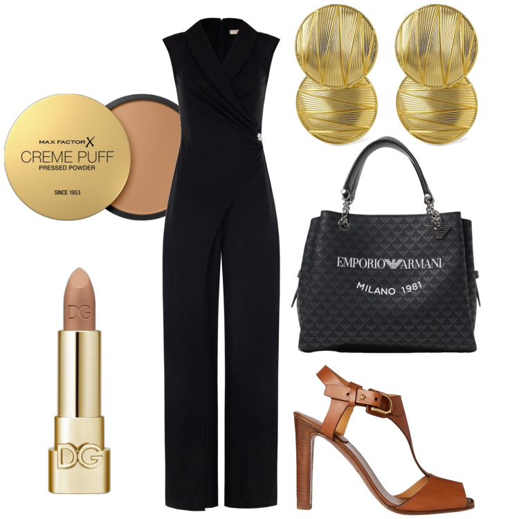Outfit donna - La jumpsuit nera. Stile Chic per Serata fuori. Abbinamento con ciprie, rossetti, tute, sandali in pelle, borse a mano, orecchini.