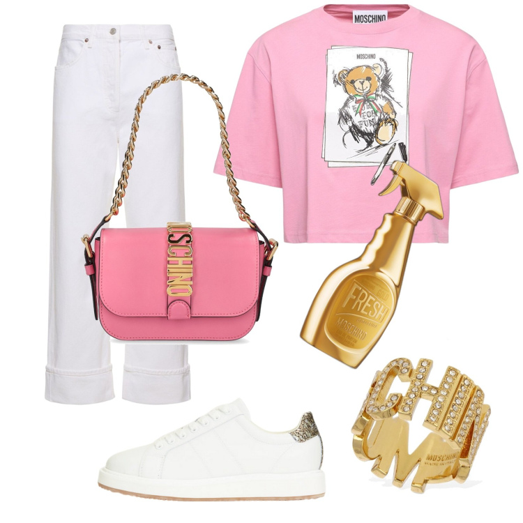 Outfit donna - Chi sei?. Stile Trendy per Tutti i giorni. Abbinamento con profumi, sneakers, anelli, jeans dritti, t-shirt, borse a spalla.