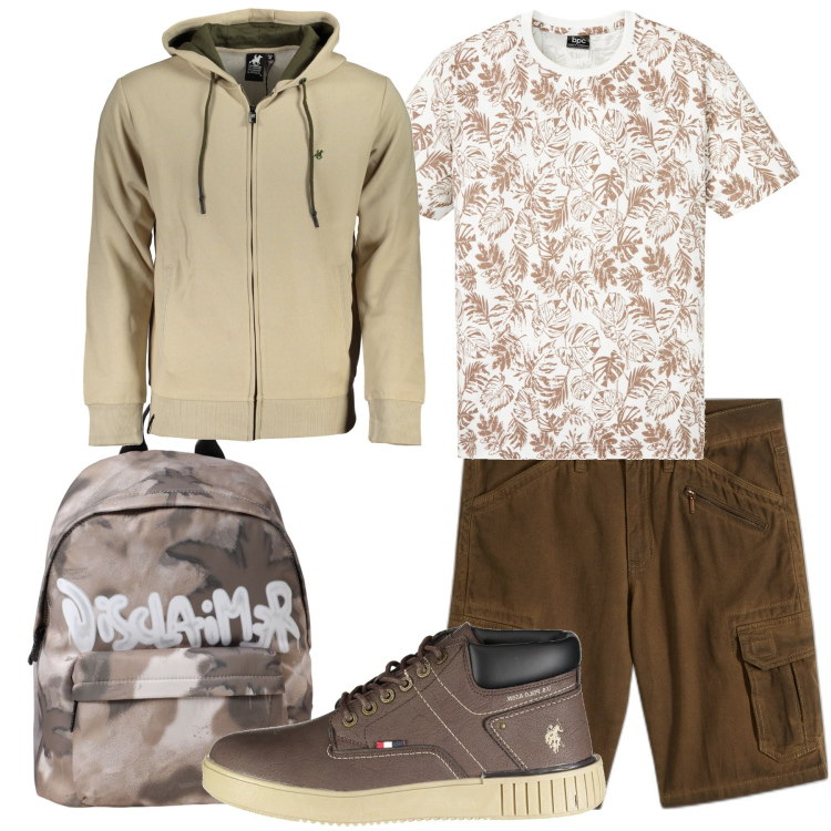 Outfit uomo - Una gita in montagna. Stile Casual per Tutti i giorni. Abbinamento con t-shirt, bermuda, stivali, felpe con cappuccio, borse sportive.