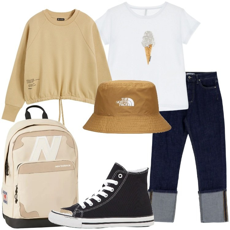 Outfit donna - Summer holiday - Montagna. Stile Casual per Tutti i giorni. Abbinamento con sneakers alte, zaini, jeans slim fit, t-shirt, felpe, cappelli.