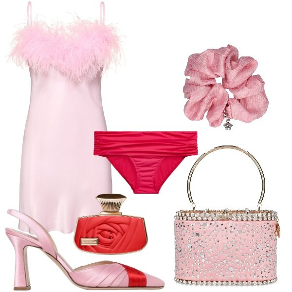 Outfit donna - vacanza a Parigi. Stile Chic per Serata fuori. Abbinamento con profumi, culotte, vestiti, borse a mano, accessori per capelli, décolleté.