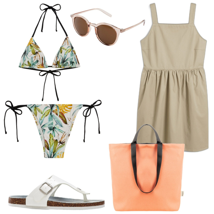 Outfit donna - Vacanze a Riccione. Stile Basic per Mare. Abbinamento con occhiali da sole, infradito, vestiti, borse tote, bikini, bikini.