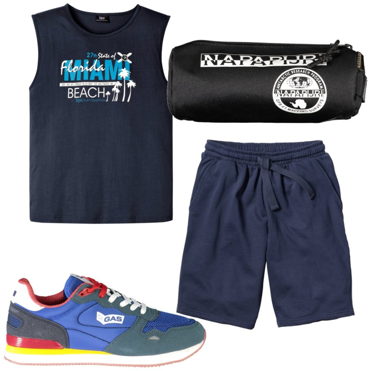 Outfit uomo - Total look #1926843. Stile Trendy per Tutti i giorni. Abbinamento con bermuda, canottiere, borse sportive, sneakers.