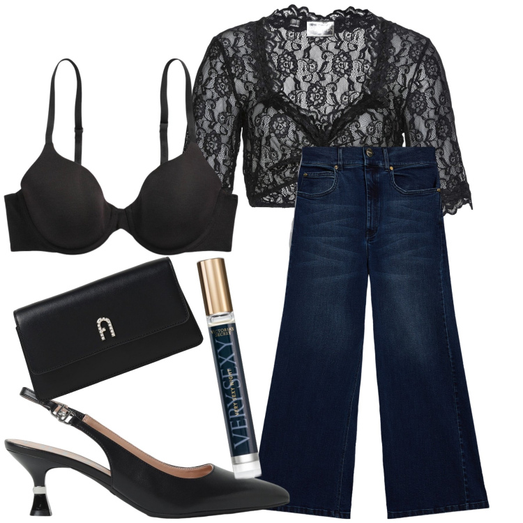 Outfit donna - Invito in jeans. Stile Glamour per Serata fuori. Abbinamento con camicie, profumi, jeans bootcut, reggiseni, clutch, scarpe col tacco.