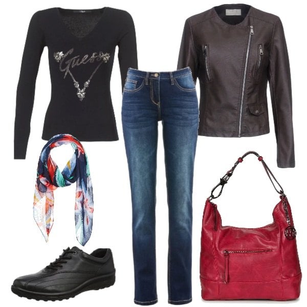Outfit donna - Mamma sempre di corsa. Stile Urban Abbinamento con jeans dritti, giubbotto collo tondo a maniche lunghe con zip interno sfoderato in pelle sintetica tinta unita, borsa rosso, sciarpa multicolore, maglione nero, scarpe stringate oxford nero.