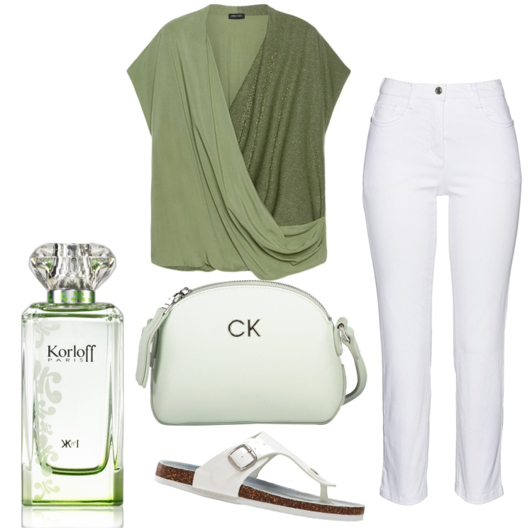 Outfit donna - Everyday. Stile Casual per Tutti i giorni. Abbinamento con pantaloni, infradito, profumi, bluse, borse a tracolla.
