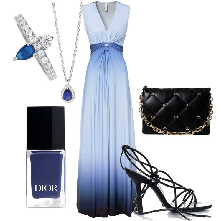 Outfit donna - Cerimonia/battesimo/compleanni. Stile Chic per Cerimonia. Abbinamento con vestiti, smalti, collane, anelli, sandali alla schiava, borse a spalla.