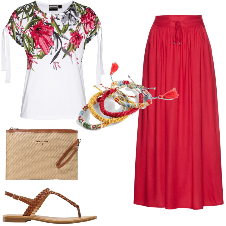 Outfit donna - Braccialetti estivi con pietre colorate. Stile Casual per Tutti i giorni. Abbinamento con gonne lunghe, maglieria, ciabatte, braccialetti, clutch.