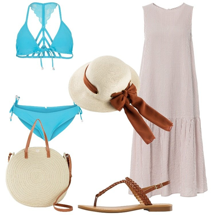 Outfit donna - Summer Essentials. Stile Romantica per Mare. Abbinamento con cappelli, vestiti, bikini, borse a tracolla, ciabatte.