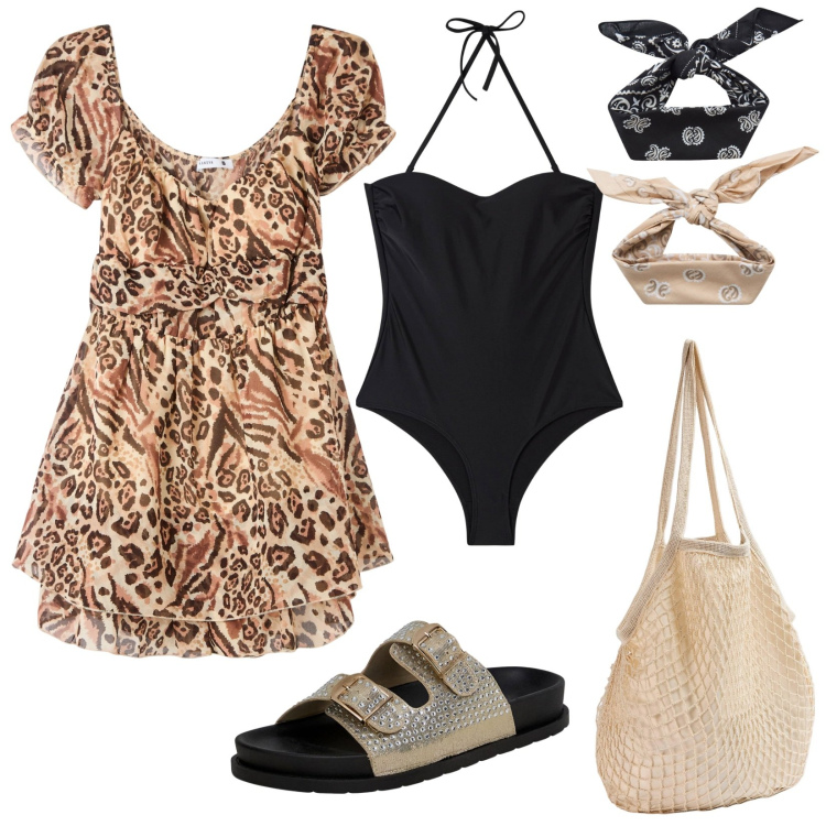 Outfit donna - Vacanze in riviera. Stile Trendy per Mare. Abbinamento con ciabatte, tuta corta, costumi interi, borse a spalla, fasce per capelli.