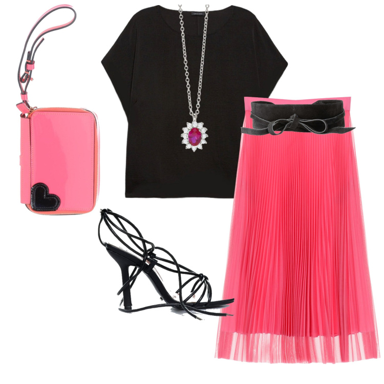 Outfit donna - A cena fuori. Stile Chic per Serata fuori. Abbinamento con cinture, borse a mano, collane, sandali alla schiava, gonne longuette, bluse.