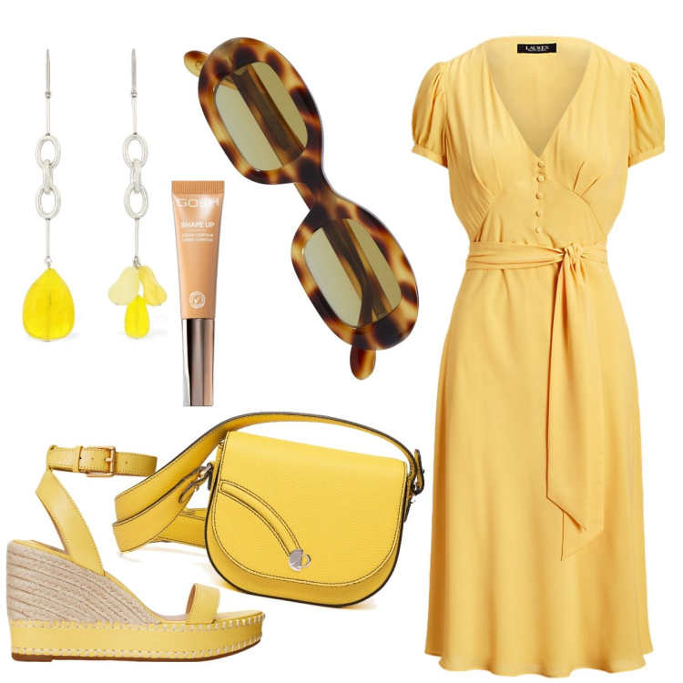 Outfit donna - Viva il giallo. Stile Boho per Mare. Abbinamento con terre, vestiti, espadrillas, occhiali da sole, borse a tracolla, orecchini.