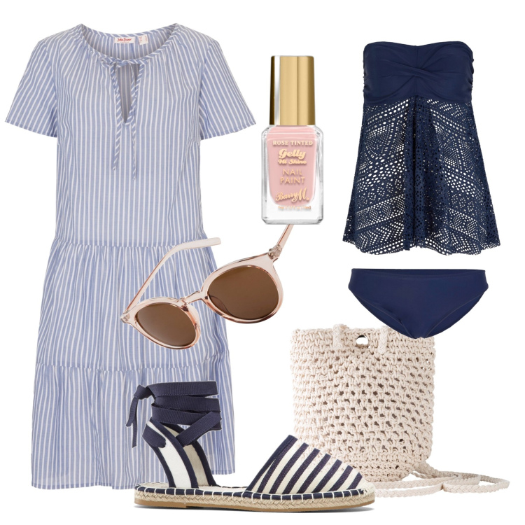 Outfit donna - Righe, pizzo e uncinetto in spiaggia. Stile Etnico per Mare. Abbinamento con vestiti, costumi interi, borse a tracolla, occhiali da sole, espadrillas, smalti.