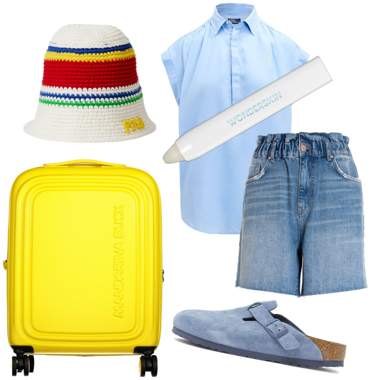 Outfit donna - Finalmente si parte. Stile Casual per Tutti i giorni. Abbinamento con matite labbra, bermuda, camicie, cappelli, valigie, sandali.