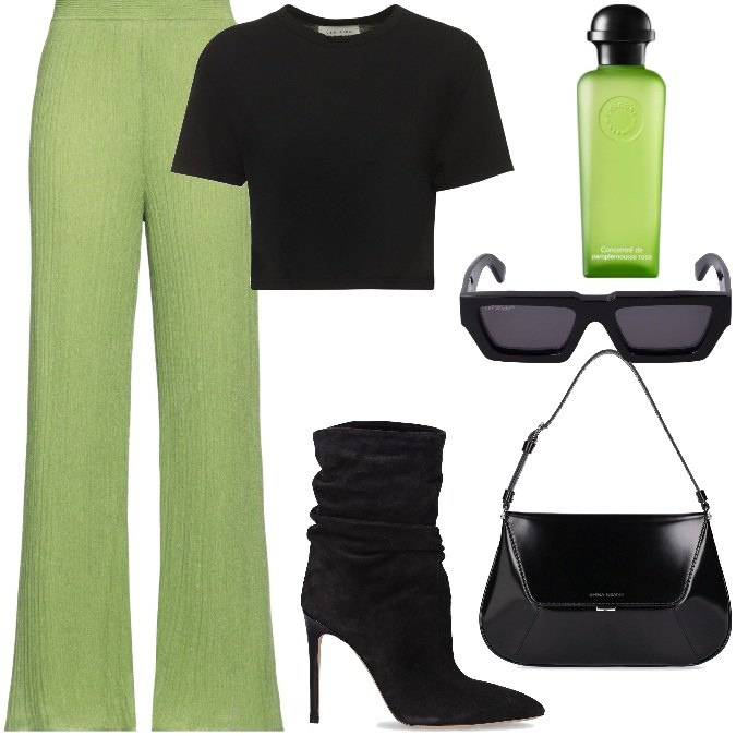 Outfit donna - Total look #1926904. Stile Trendy per Tutti i giorni. Abbinamento con pantaloni, profumi, stivaletti, occhiali da sole, t-shirt, borse a spalla.