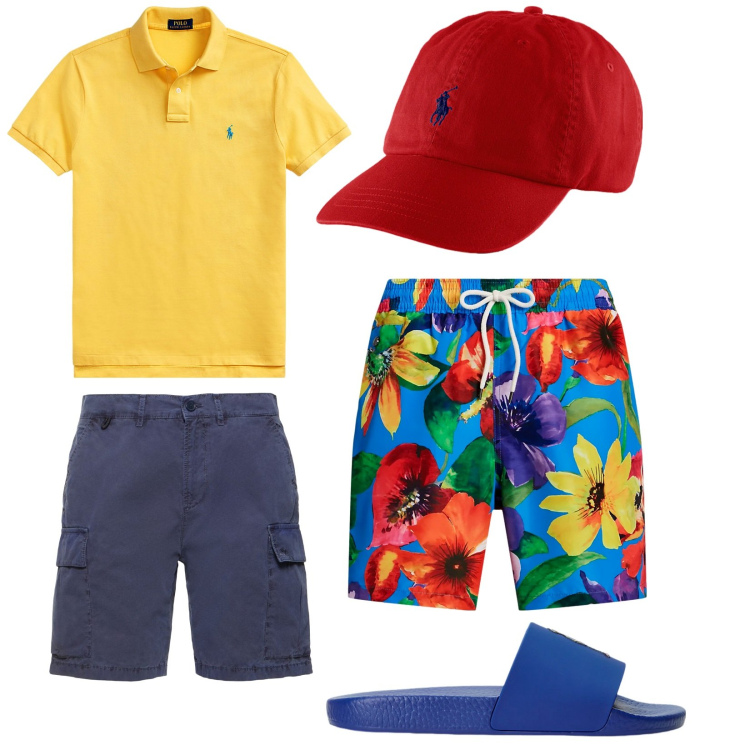 Outfit uomo - Dettagli red. Stile Trendy per Mare. Abbinamento con polo, cappelli, sandali, costumi, shorts.