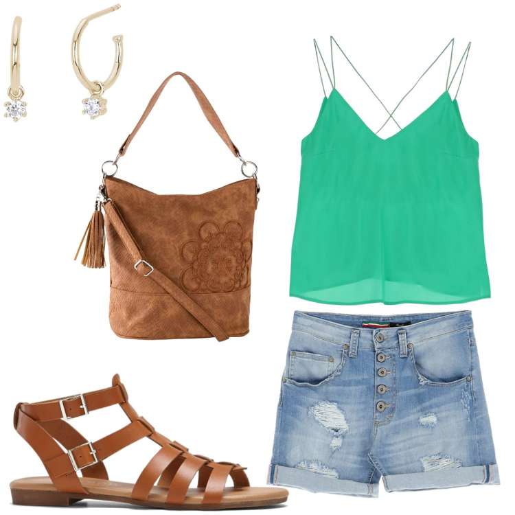 Outfit donna - Fresca in short. Stile Basic per Tutti i giorni. look ideale per Petite. Abbinamento con borse a mano, sandali, orecchini, jeans, top.