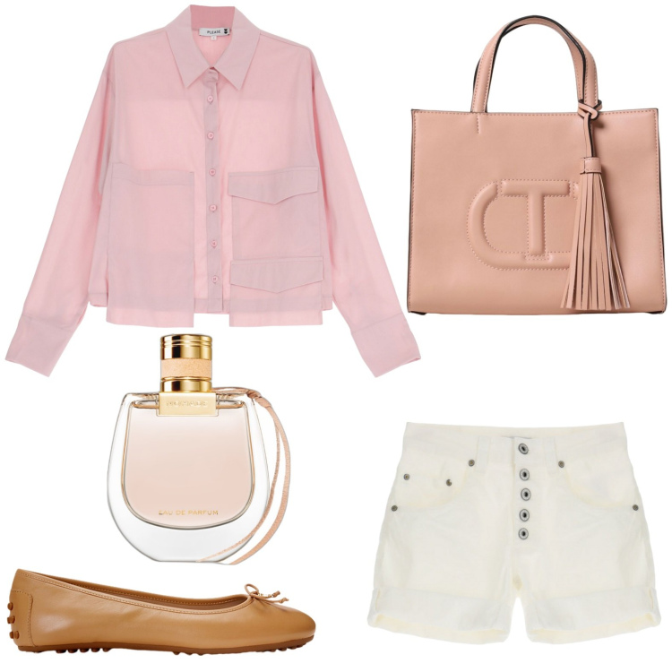 Outfit donna - Short e ballerine. Stile Basic per Tutti i giorni. look ideale per Petite. Abbinamento con profumi, camicie, shorts, ballerine, borse a mano.
