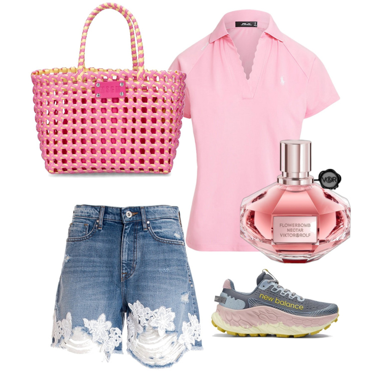 Outfit donna - Fine luglio. Stile Sporty chic per Mare. Abbinamento con profumi, sneakers, pantaloni corti, polo, borse a secchiello.