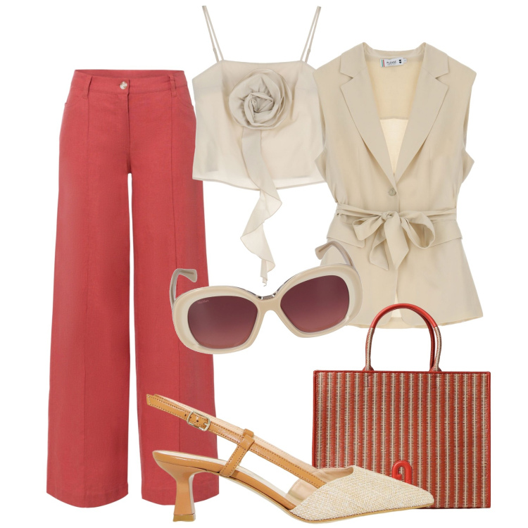 Outfit donna - Lino e rafia, fresca in ufficio. Stile Casual chic per Ufficio. Abbinamento con pantaloni a palazzo, gilet, top, sandali col tacco, occhiali da sole, borse tote.