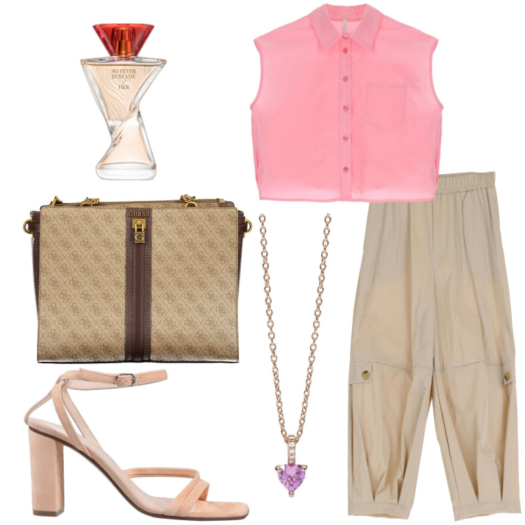 Outfit donna - Look per viaggiare. Stile Bon Ton per Tutti i giorni. look ideale per Petite. Abbinamento con sandali in pelle, profumi, ciondoli, pantaloni, camicie, borse a spalla.