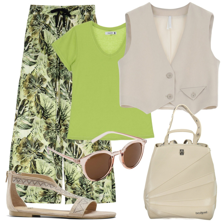 Outfit donna - Viaggio a Roma. Stile Casual per Tutti i giorni. Abbinamento con occhiali da sole, sandali, pantaloni a palazzo, t-shirt, gilet, zaini.