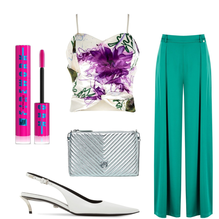 Outfit donna - Cerimonia. Stile Basic per Cerimonia. look ideale per Petite. Abbinamento con mascara, pantaloni a palazzo, top, borse a mano, décolleté.
