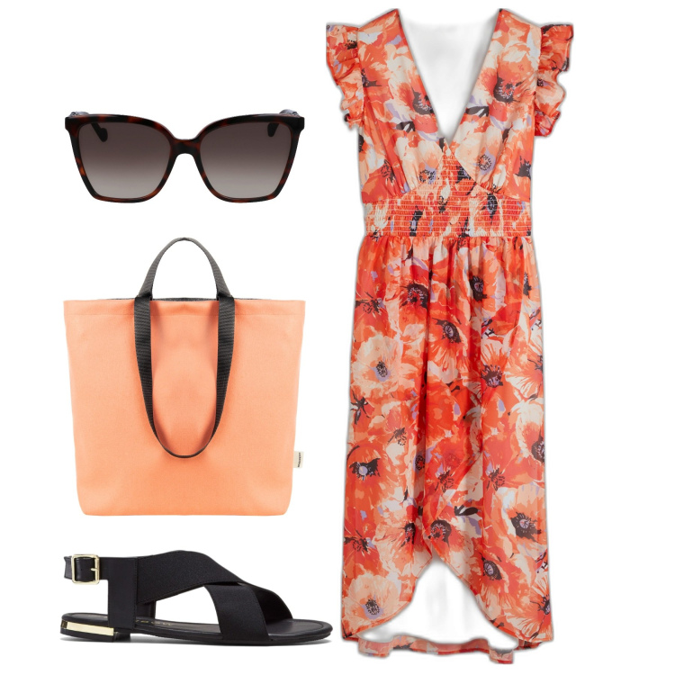 Outfit donna - Papaveri ad agosto. Stile Romantica per Tutti i giorni. Abbinamento con sandali, vestiti, borse tote, occhiali da sole.