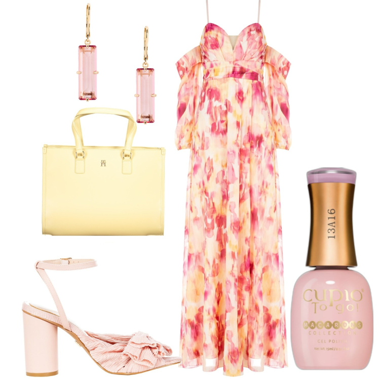 Outfit donna - Total look #1926966. Stile Romantica per Tutti i giorni. Abbinamento con smalti, vestiti lunghi, sandali col tacco, orecchini, borse a spalla.