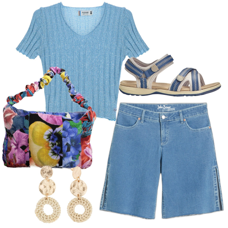Outfit donna - Cielo e fiori. Stile Basic per Tutti i giorni. Abbinamento con sandali, orecchini, bermuda, pullovers, borse a spalla.