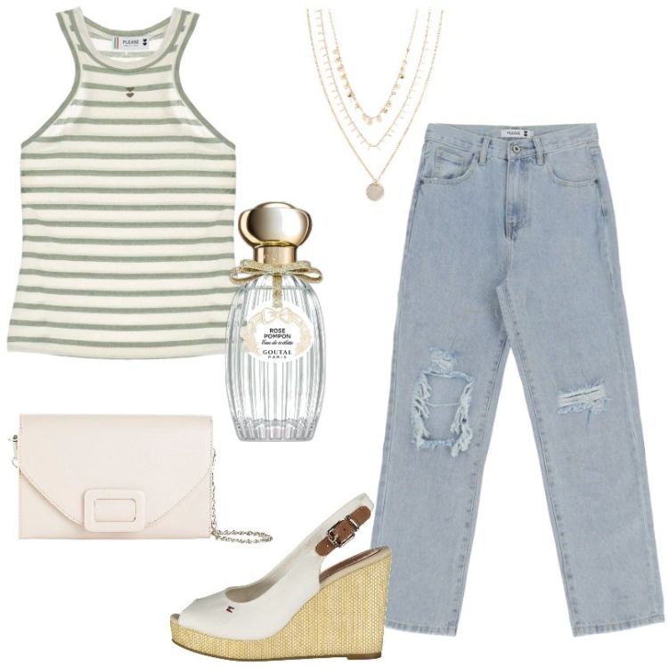 Outfit donna - Jeans slim-fit vita alta e abrasioni. Stile Casual per Tutti i giorni. Abbinamento con collane, pochette, profumi, top, jeans slim fit, sandali.