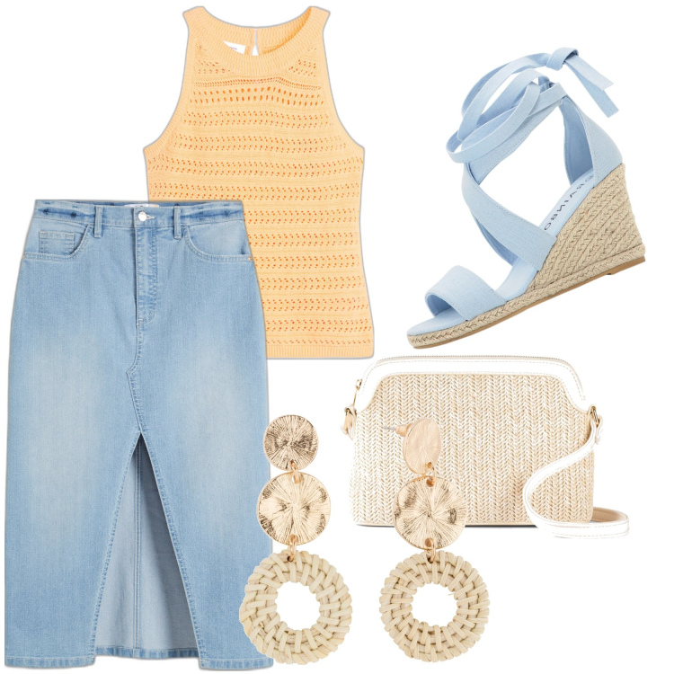 Outfit donna - Tricot albococca. Stile Casual chic per Tutti i giorni. Abbinamento con orecchini, borse a tracolla, gonne longuette, top, sandali.