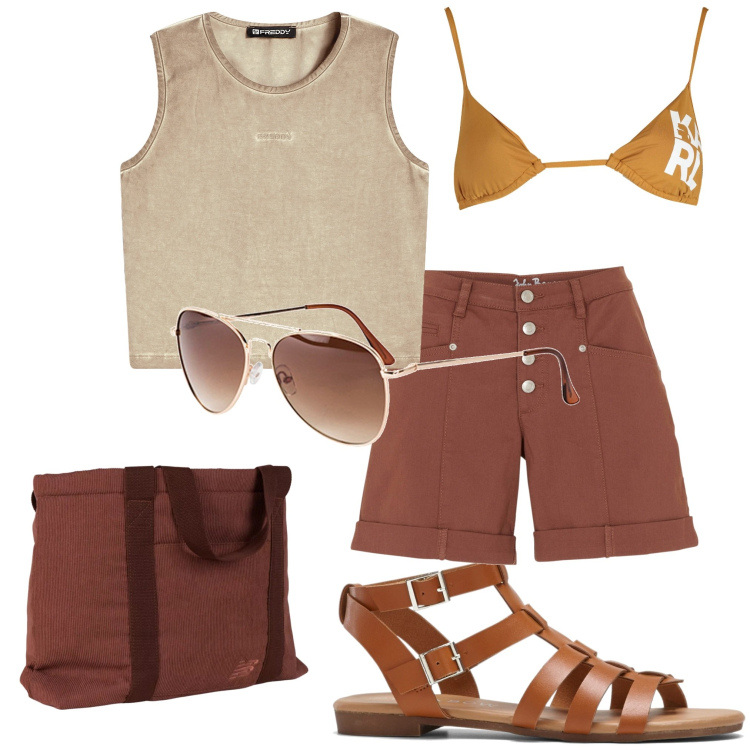 Outfit donna - In vacanza. Stile Casual per Mare. Abbinamento con shorts, occhiali da sole, sandali, borse tote, top, costumi.