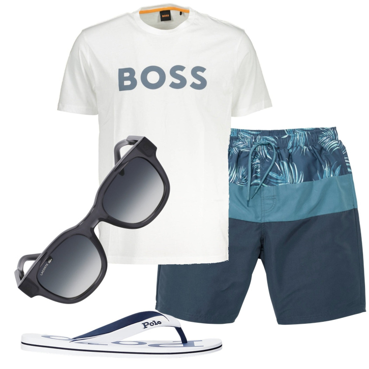 Outfit uomo - Total look #1927011. Stile Casual per Mare. Abbinamento con costumi, sandali, t-shirt, occhiali da sole.