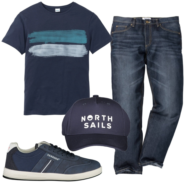 Outfit uomo - Total look #1927013. Stile Casual per Tutti i giorni. Abbinamento con jeans dritti, t-shirt, cappelli con visiera, sneakers.
