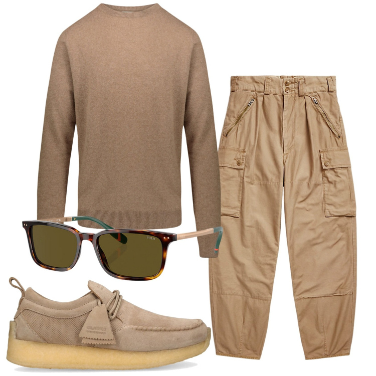 Outfit uomo - Total look #1927017. Stile Trendy per Tutti i giorni. Abbinamento con occhiali da sole, pantaloni cargo, maglieria, scarpe stringate.