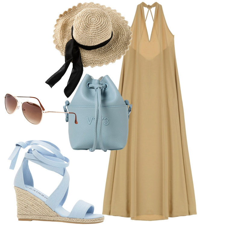 Outfit donna - Luglio. Stile Trendy per Tutti i giorni. Abbinamento con occhiali da sole, cappelli, sandali, vestiti lunghi, borse a spalla.