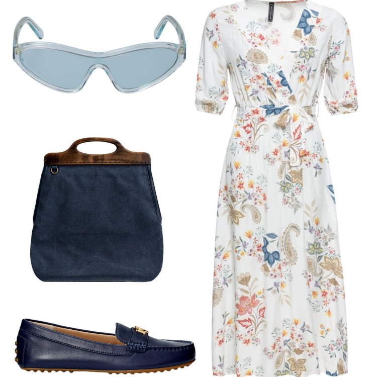 Outfit donna - Mocassini e vestito. Stile Basic per Tutti i giorni. look ideale per Petite. Abbinamento con vestiti midi/longuette, mocassini, borse a tracolla, occhiali da sole.