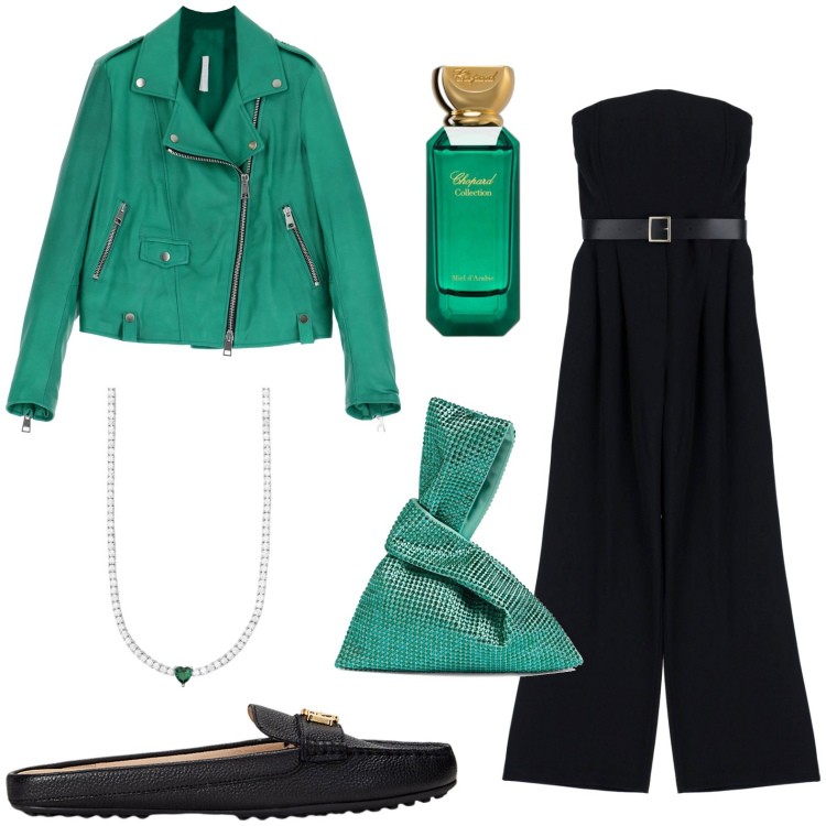 Outfit donna - La tuta per la serata. Stile Basic per Tutti i giorni. look ideale per Petite. Abbinamento con profumi, collane, tute, giacche, sabot, borse a mano.