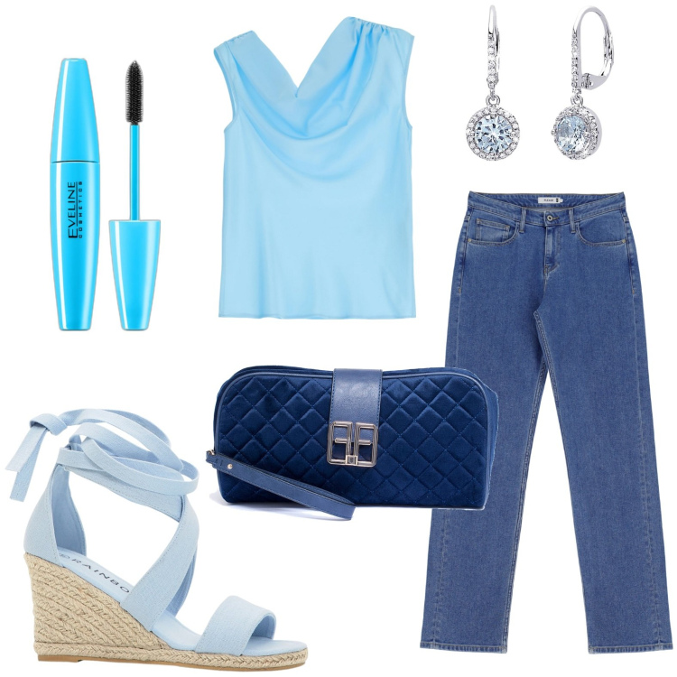 Outfit donna - Nei toni del blu. Stile Basic per Tutti i giorni. look ideale per Petite. Abbinamento con sandali, mascara, orecchini, pochette, jeans dritti, canottiere.